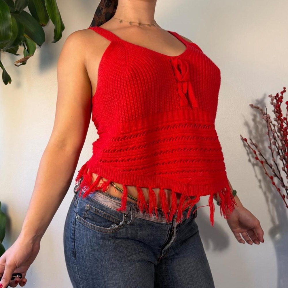 No Boundaries Red Crochet Fringe Tank Top XL Festival Boho Summer Knit Top